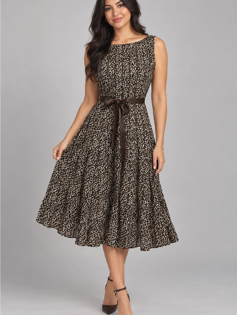 Sandra Darren Brown and Cream Printed Sleeveless Midi Dress with Waist Tie